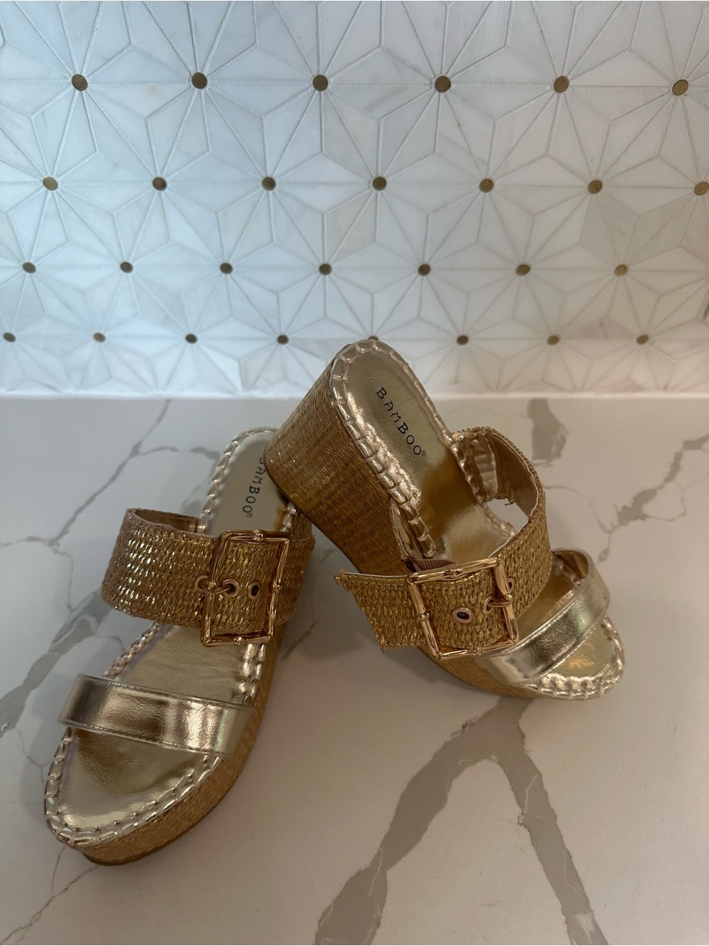 BAMBOO Metallic Gold Woven Buckle Wedge Slides